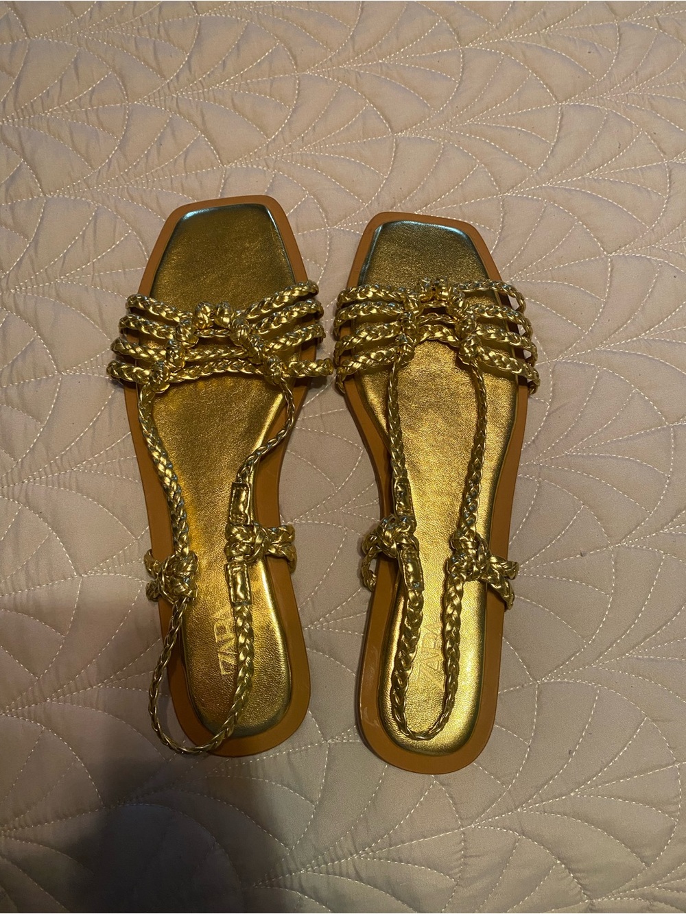 Gold Braided T-Strap Women's Sandals